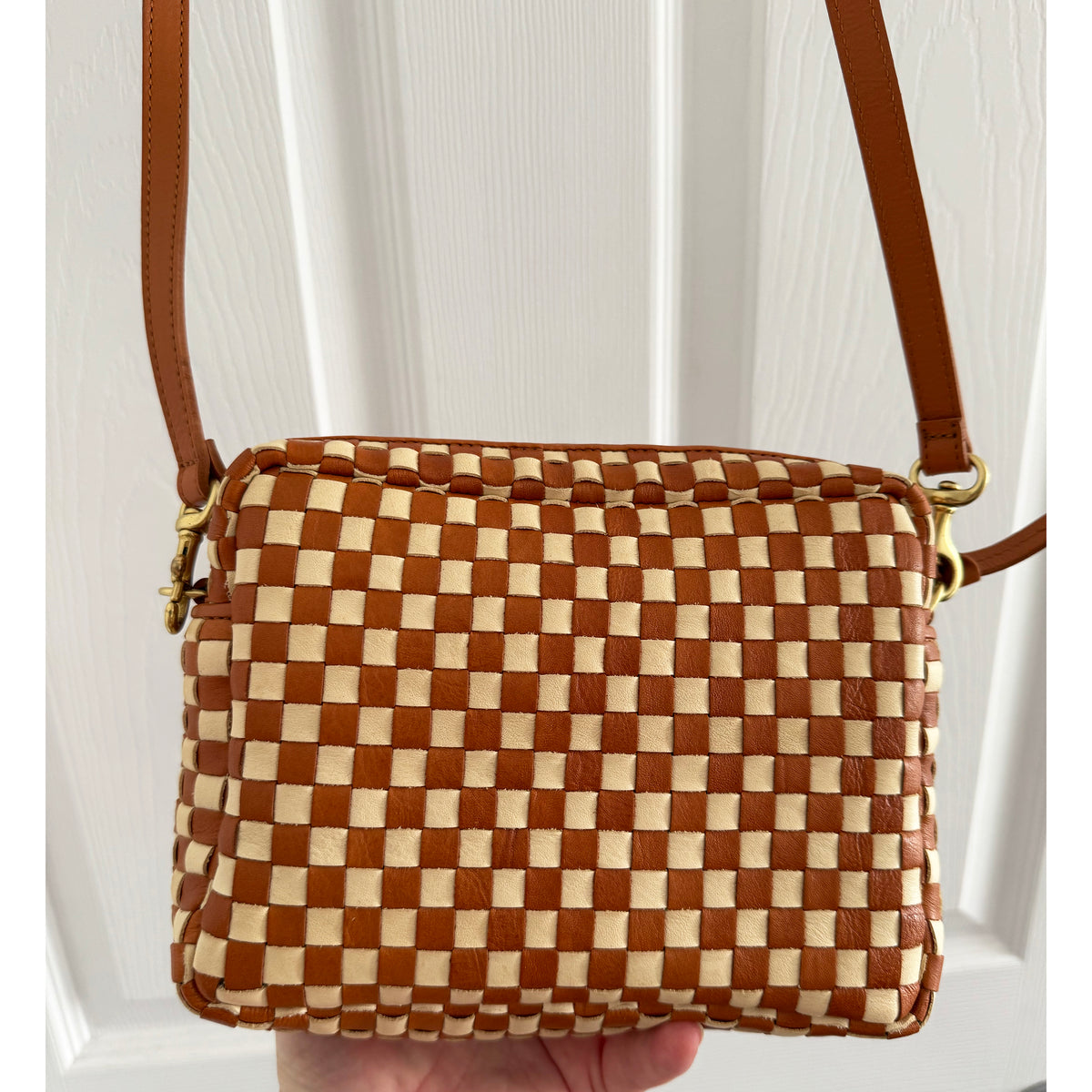 Clare V "Midi Sac" in Natural & Cream Woven Checker Leather