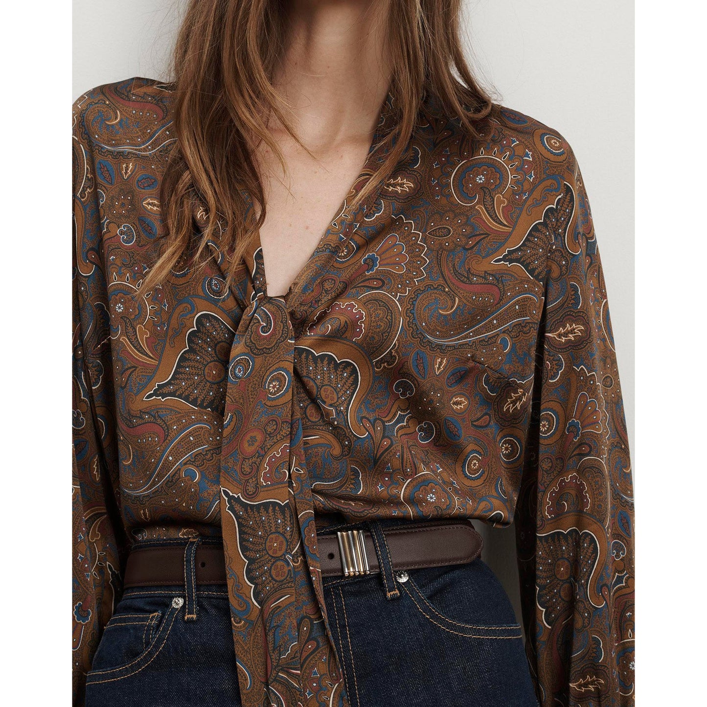 Veronica Beard "Francine" Paisley Stretch Silk Blouse in Brown, size 6