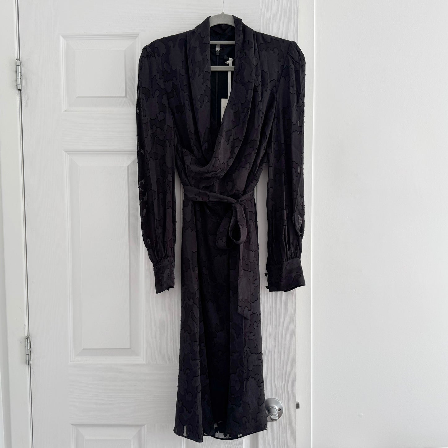 Co Jacquard Long Sleeve Dress with Sheer Sleeves in Black, size Large