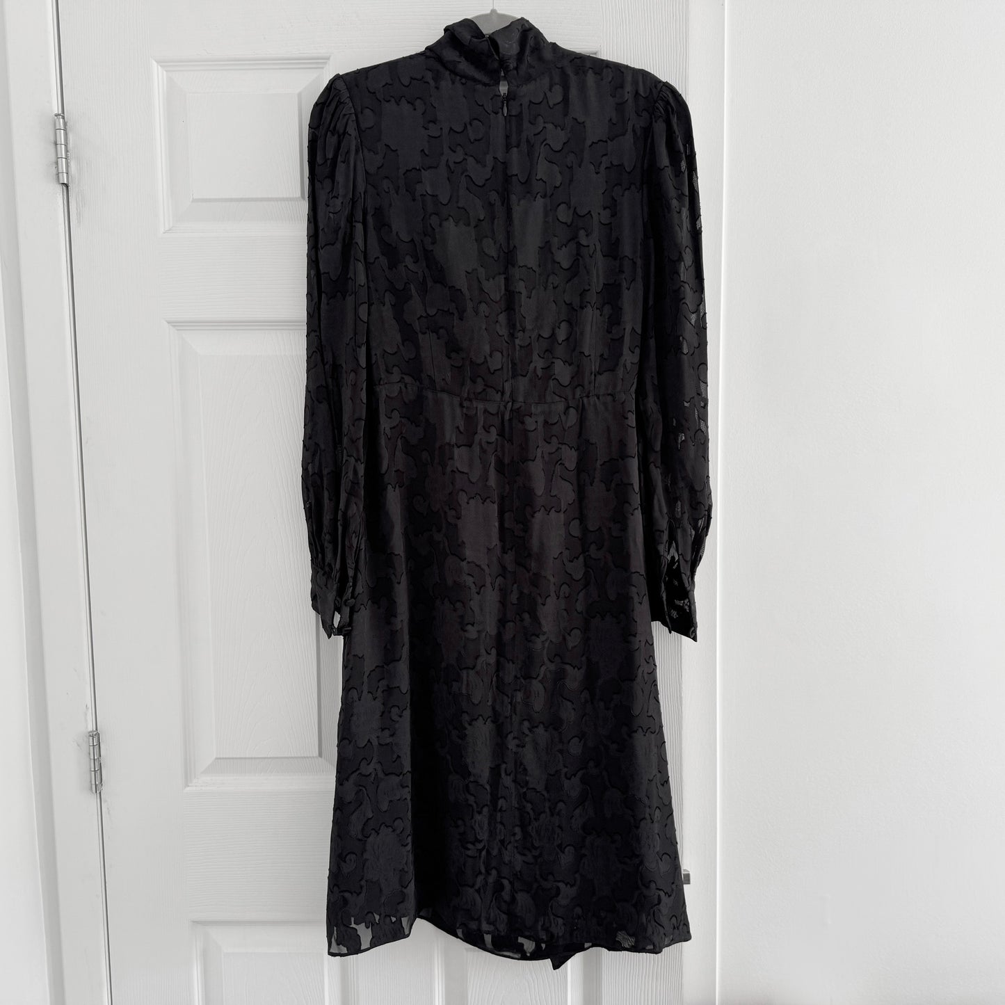 Co Jacquard Long Sleeve Dress with Sheer Sleeves in Black, size Large