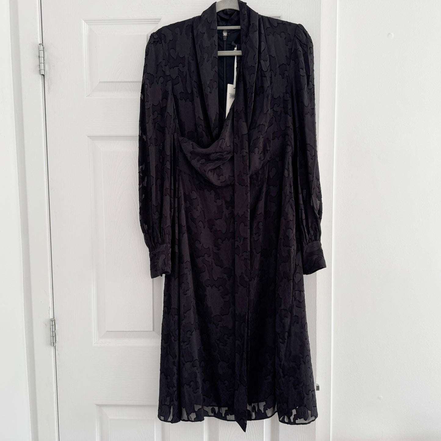 Co Jacquard Long Sleeve Dress with Sheer Sleeves in Black, size Large
