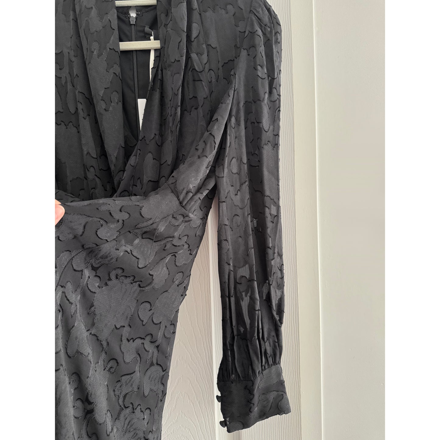 Co Jacquard Long Sleeve Dress with Sheer Sleeves in Black, size Large