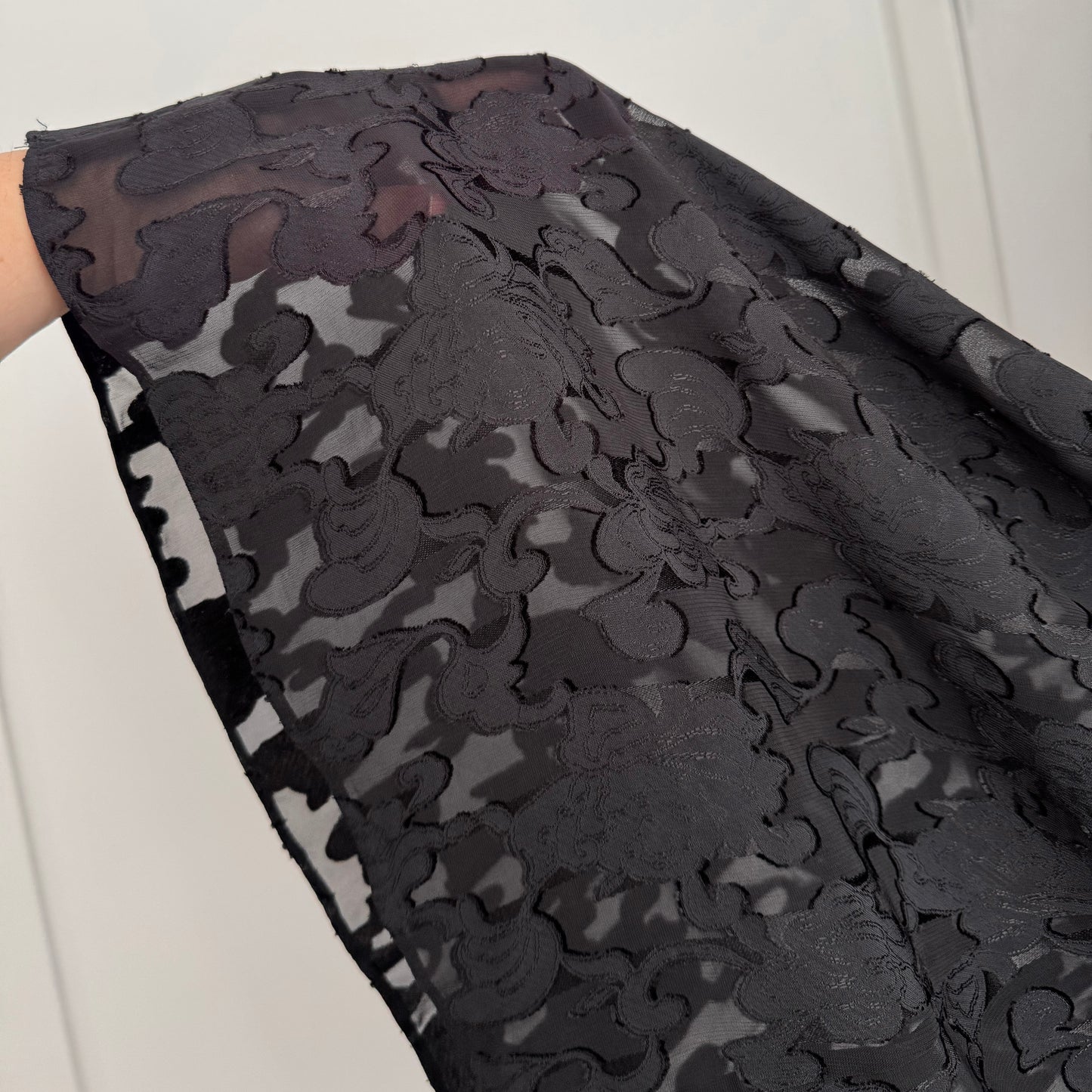 Co Jacquard Long Sleeve Dress with Sheer Sleeves in Black, size Large