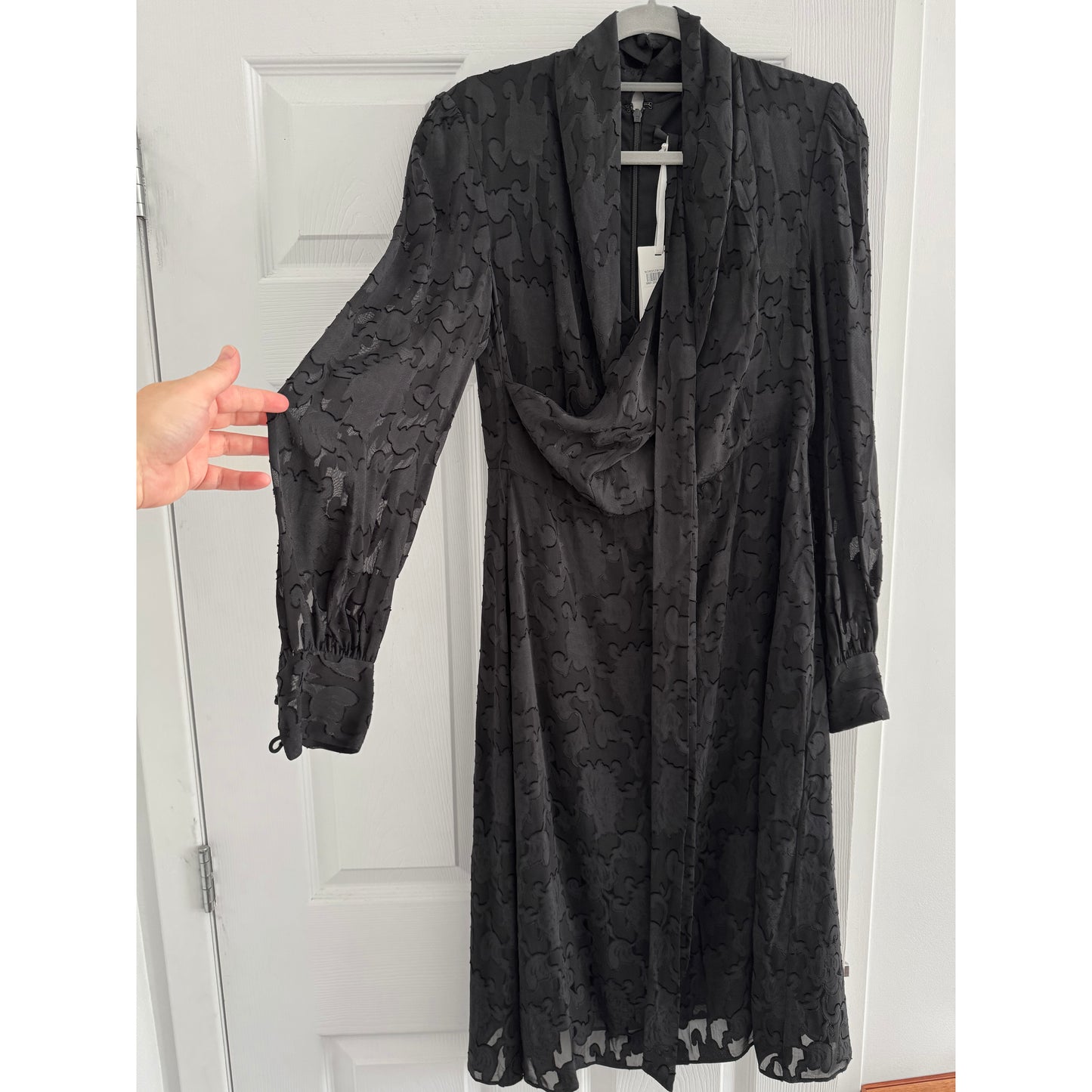 Co Jacquard Long Sleeve Dress with Sheer Sleeves in Black, size Large