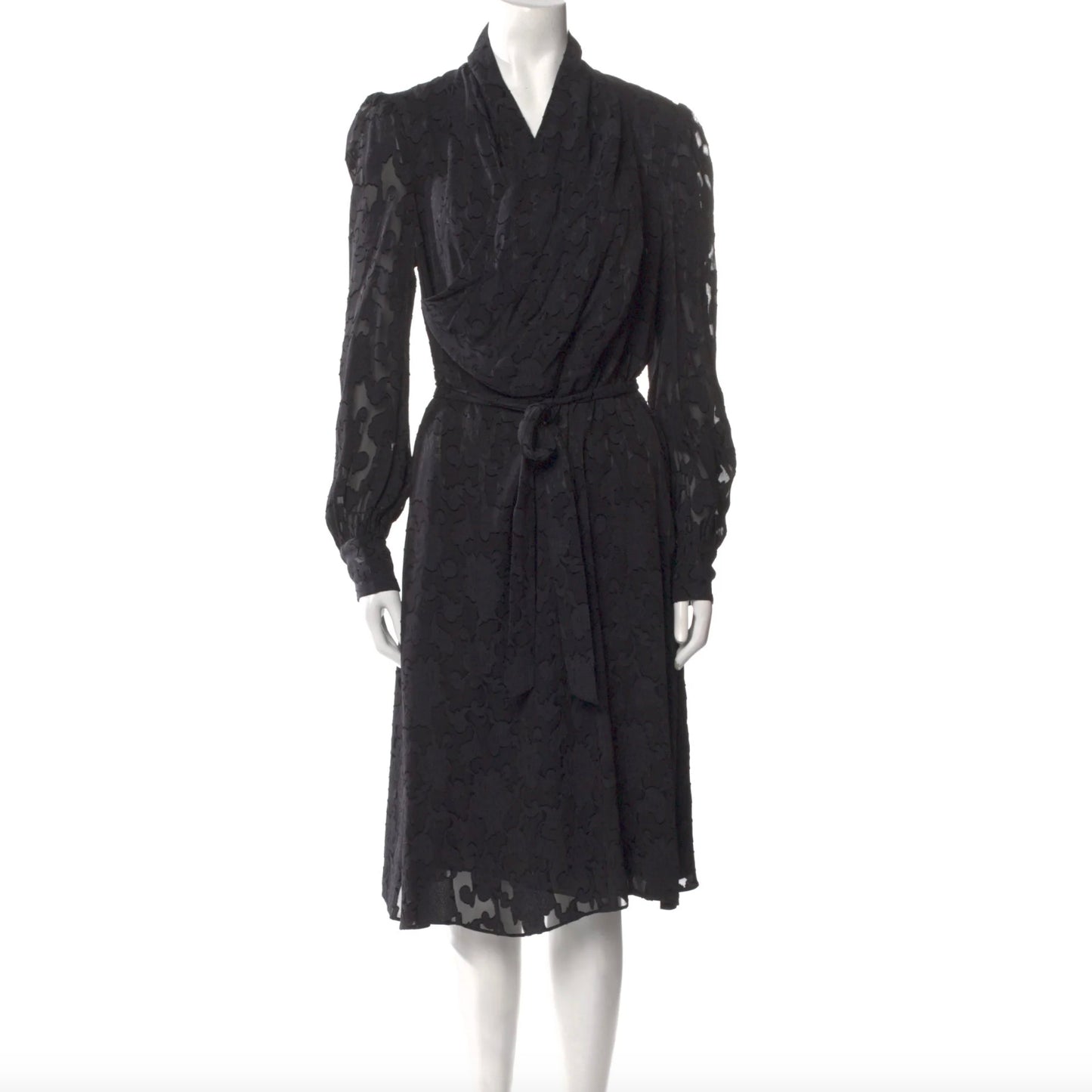 Co Jacquard Long Sleeve Dress with Sheer Sleeves in Black, size Large