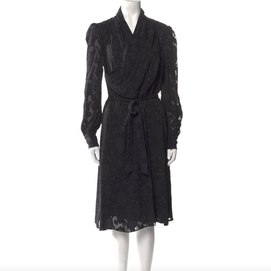Co Jacquard Long Sleeve Dress with Sheer Sleeves in Black, size Large