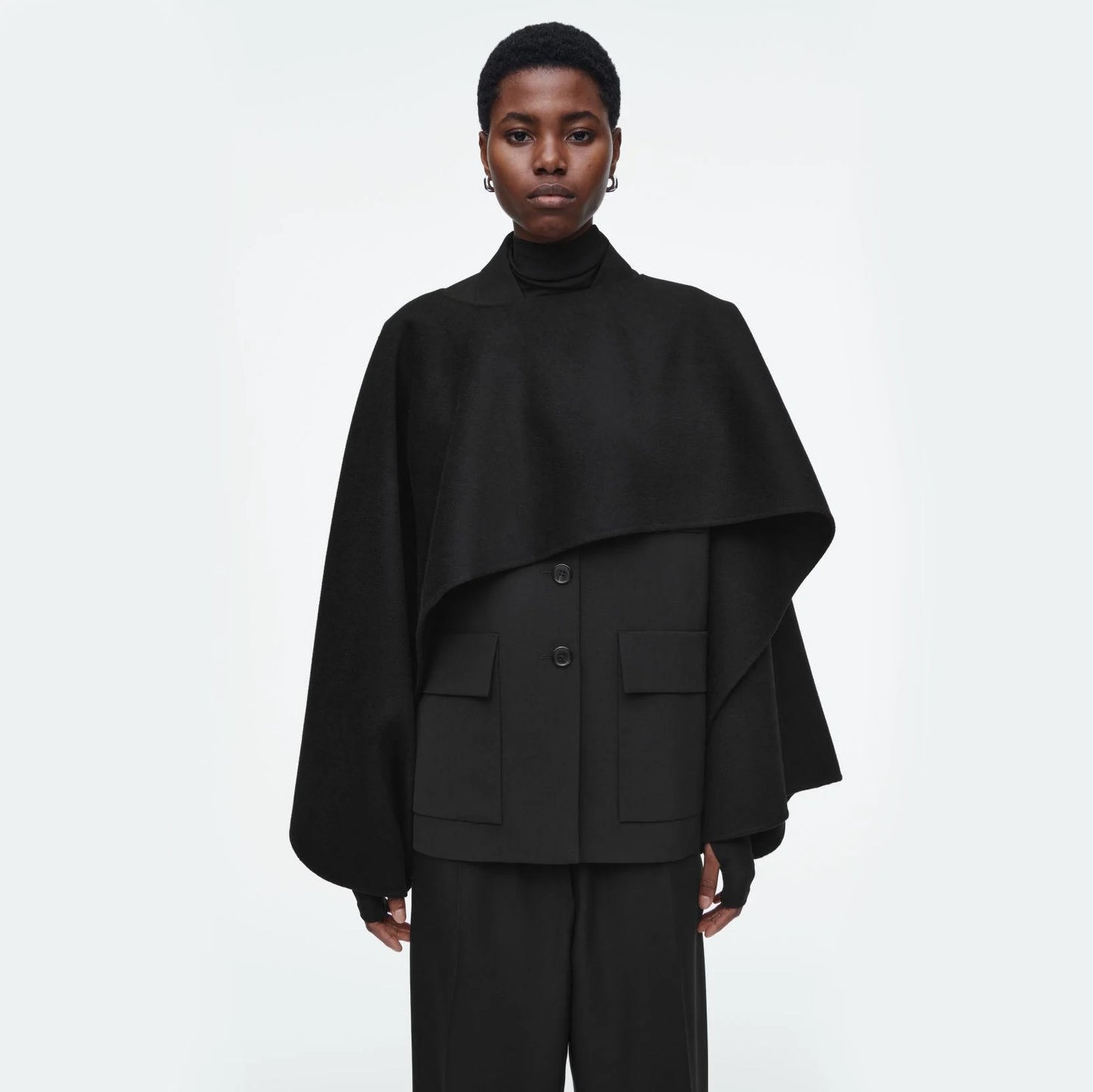 COS Double-Faced Wool Hybrid Cape in Black, One Size Only