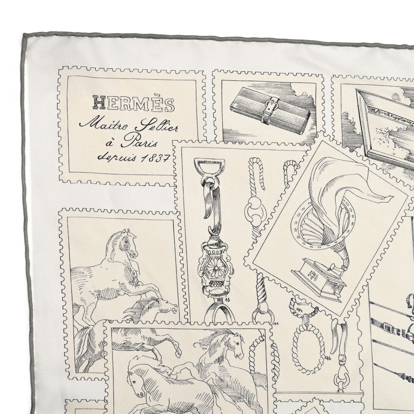 Hermes Le Philateliste du Faubourg scarf 90 in "gris / parchemin / blanc"