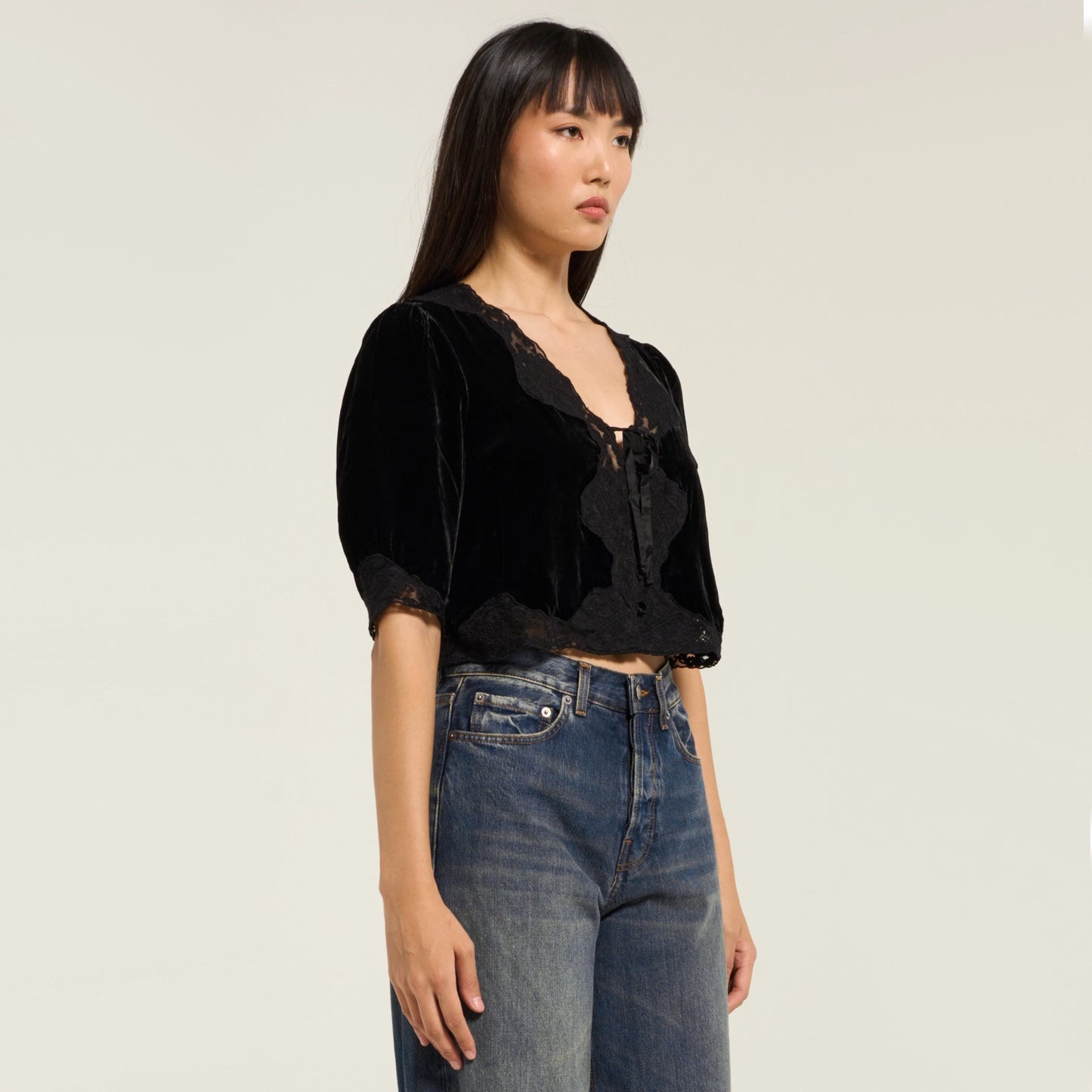 RIXO "Ursula" Velvet Top with Lace Trim in Black, size Small