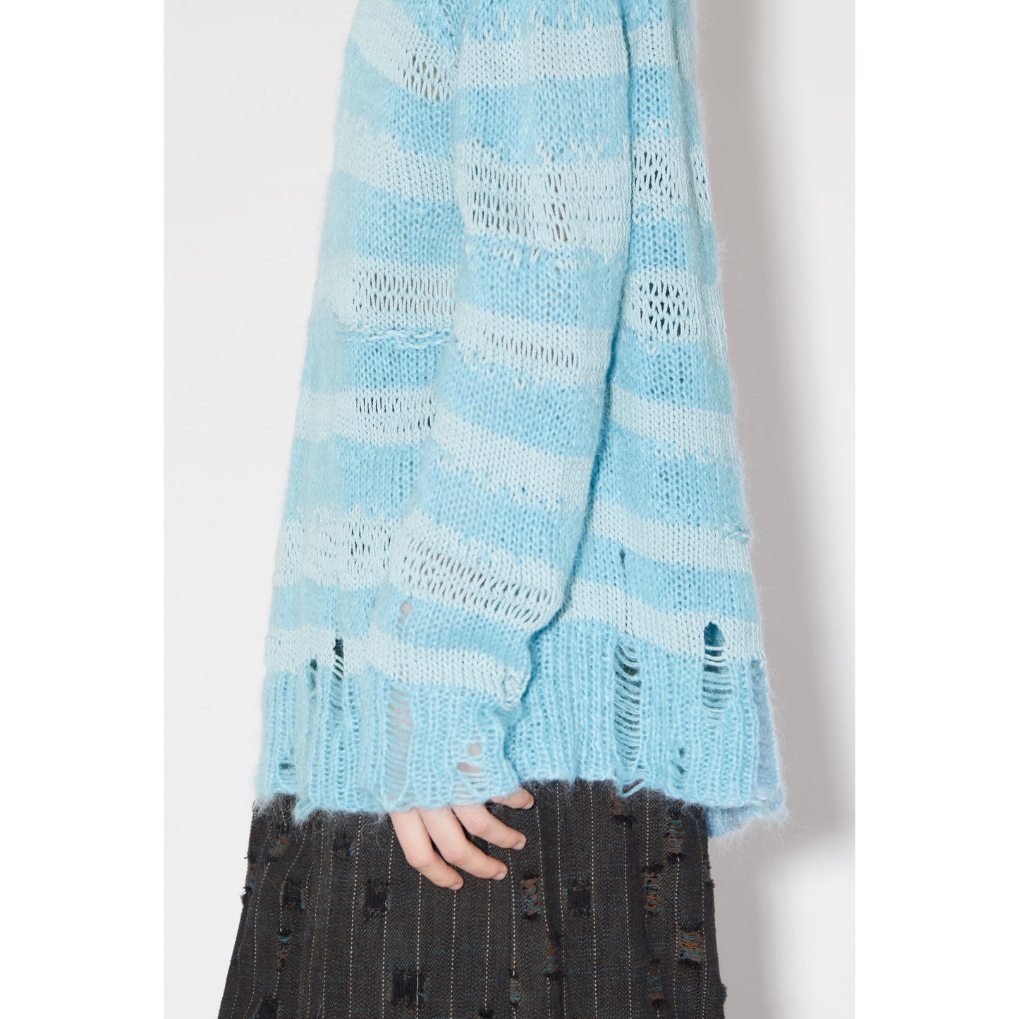 Acne Distressed Stripe Knit in Sky Blue/Powder Blue, size Small