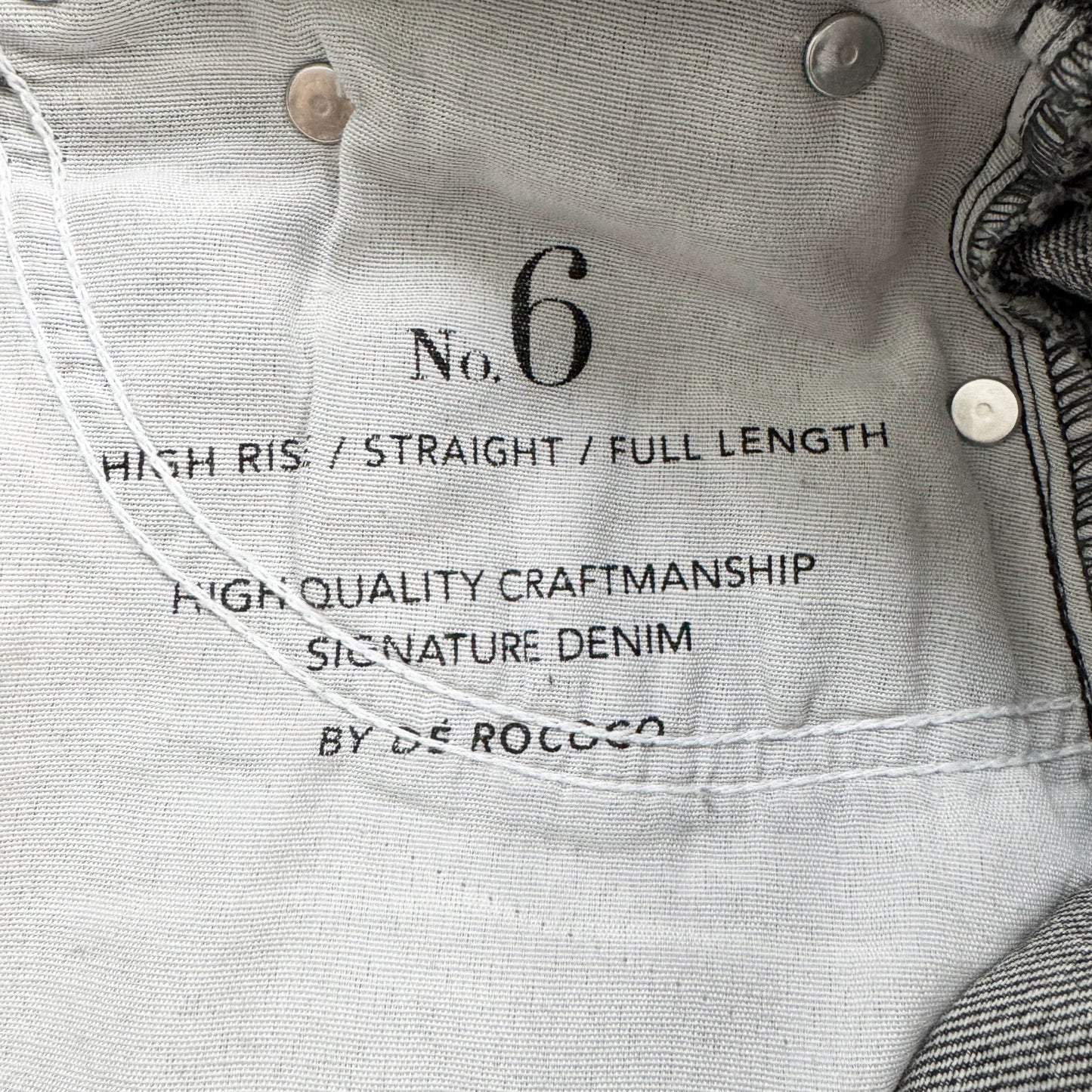 De Rococo "No.6" High Waisted Straight Full Length Denim in Smokey Grey, size 27