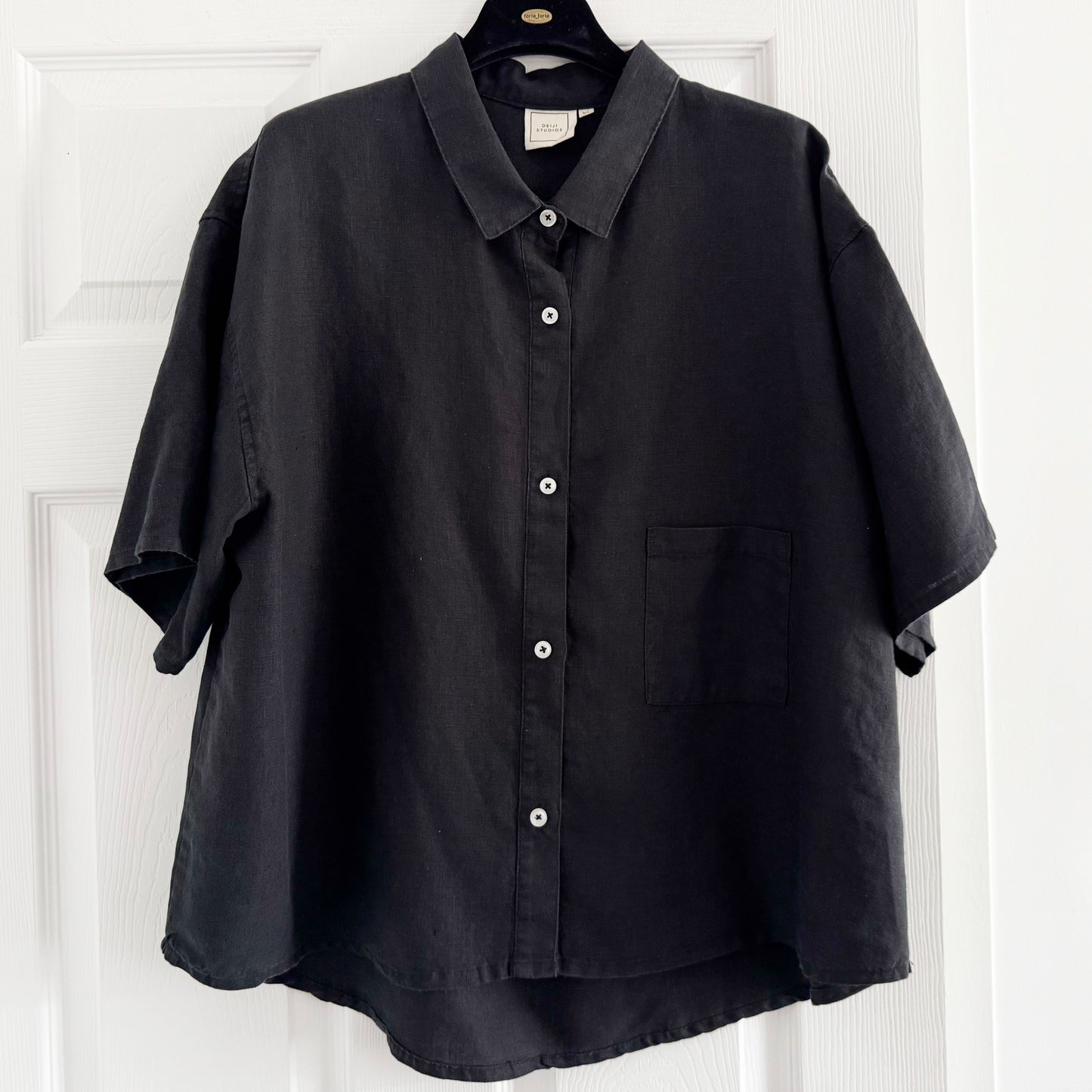Deiji Studios Linen Shirt in Black, size XL