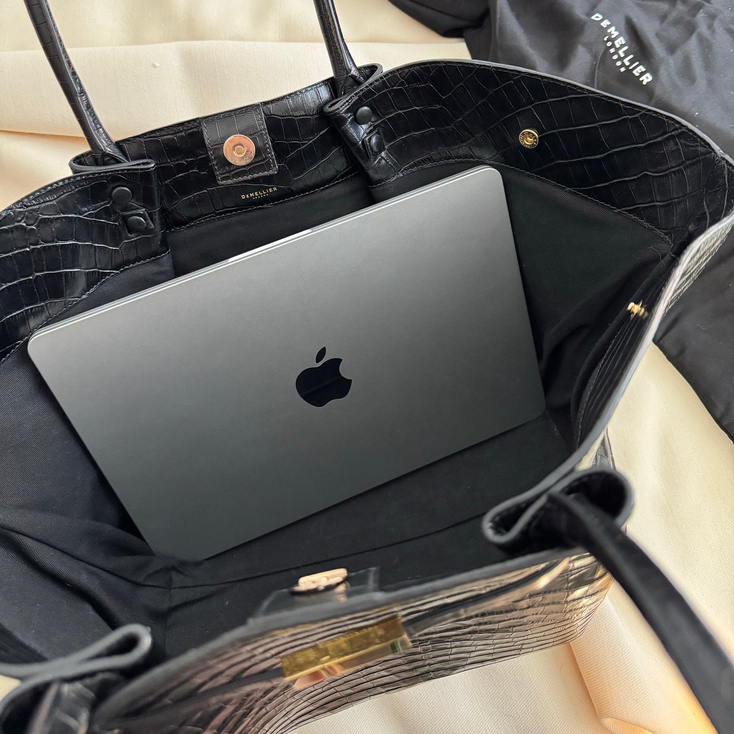 Demellier "New York" Tote in Black Croc