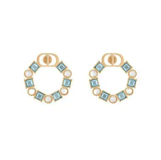 Christian Dior CD Logo Blue Crystal & Pearl Hoop Earrings