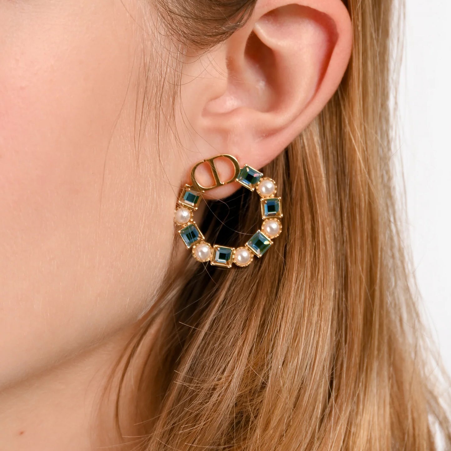 Christian Dior CD Logo Blue Crystal & Pearl Hoop Earrings