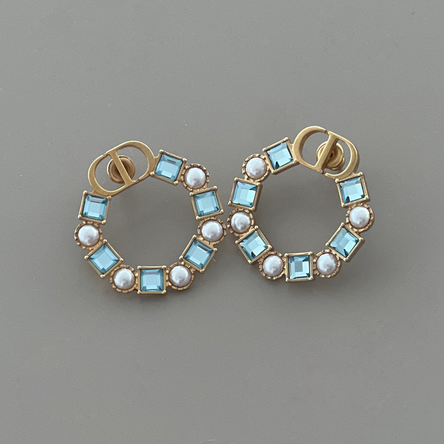 Christian Dior CD Logo Blue Crystal & Pearl Hoop Earrings