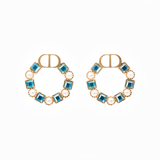 Christian Dior CD Logo Blue Crystal & Pearl Hoop Earrings