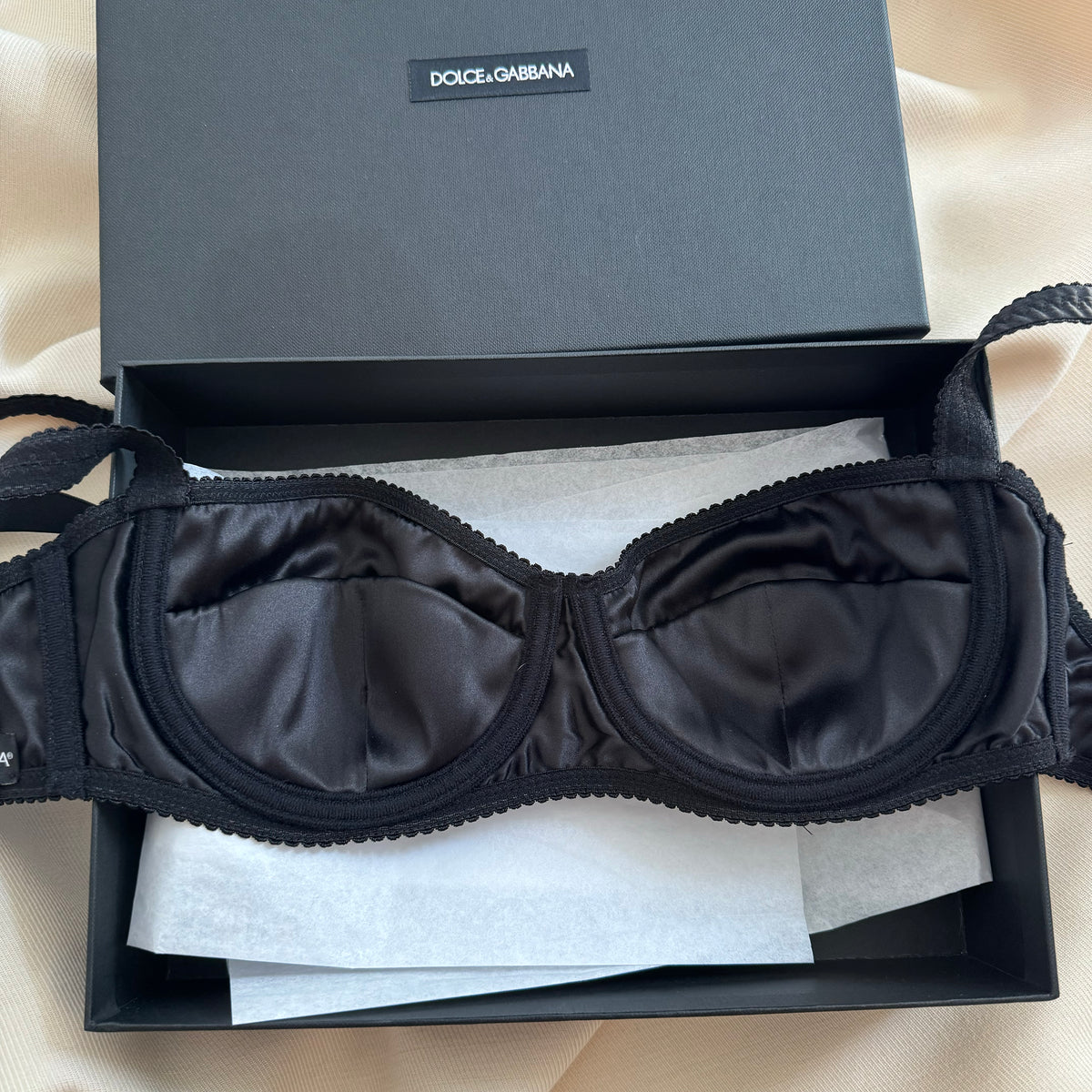 Dolce & Gabbana Lace Trim Satin Bra in Black, size 34A/75A