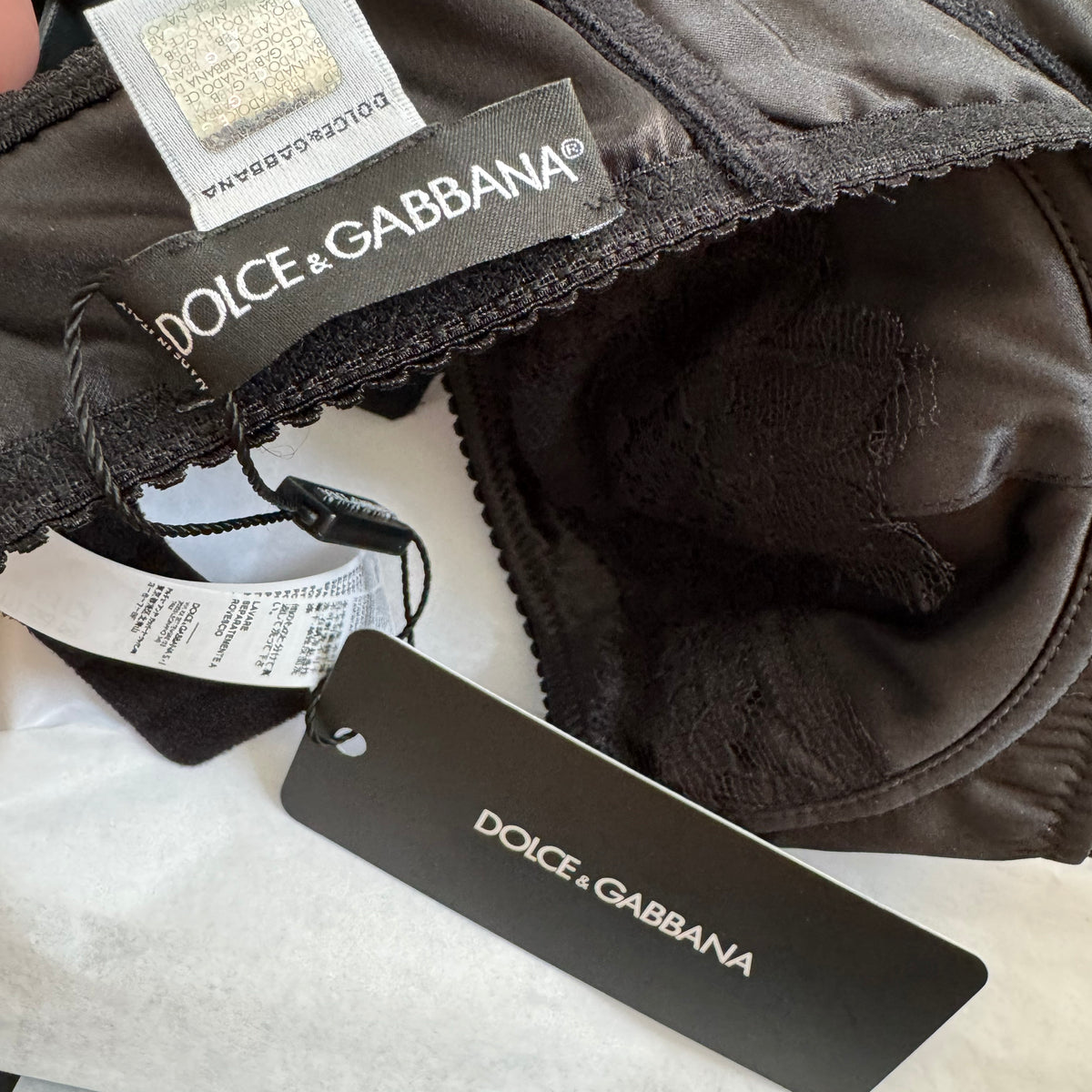 Dolce & Gabbana Lace Trim Satin Bra in Black, size 34A/75A