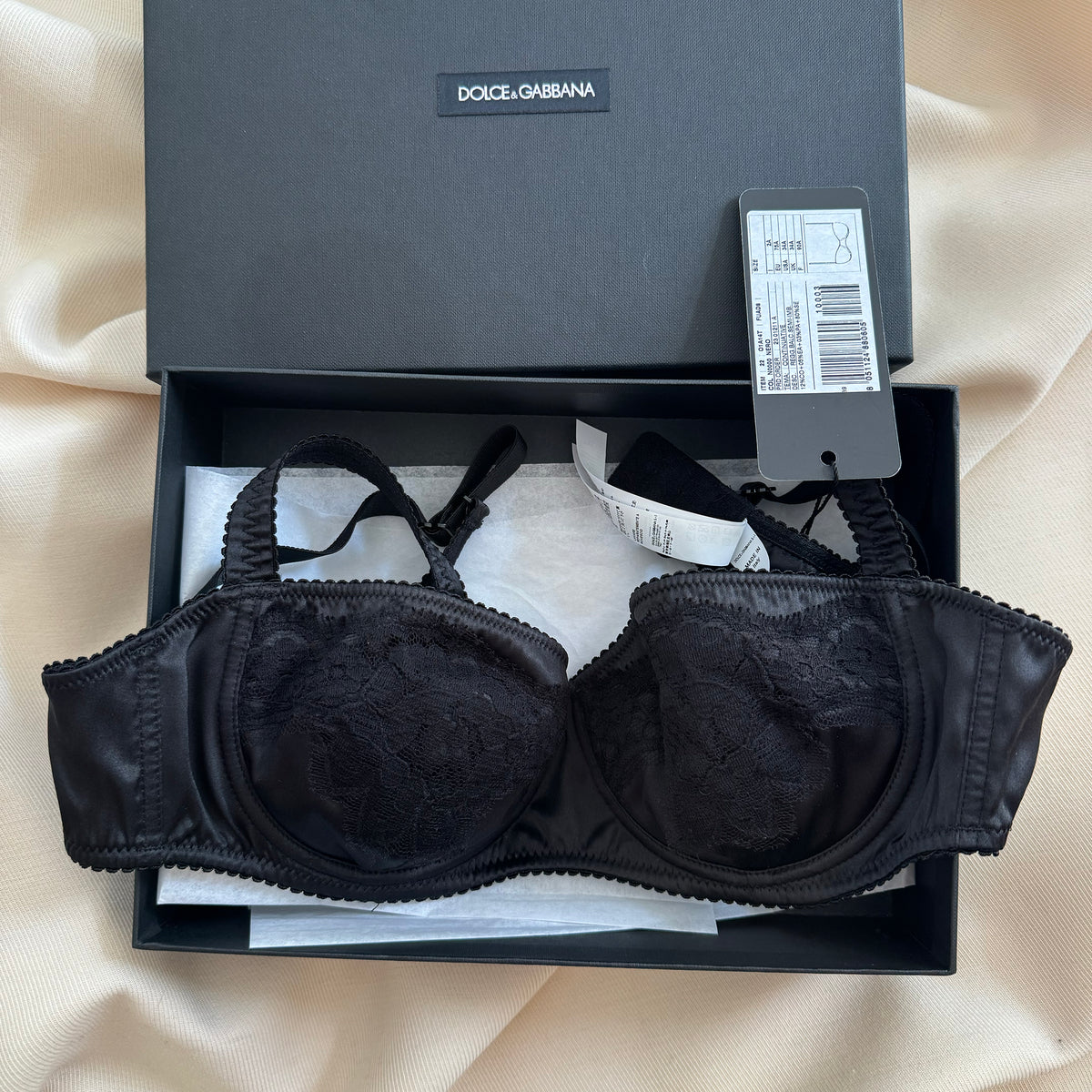 Dolce & Gabbana Lace Trim Satin Bra in Black, size 34A/75A