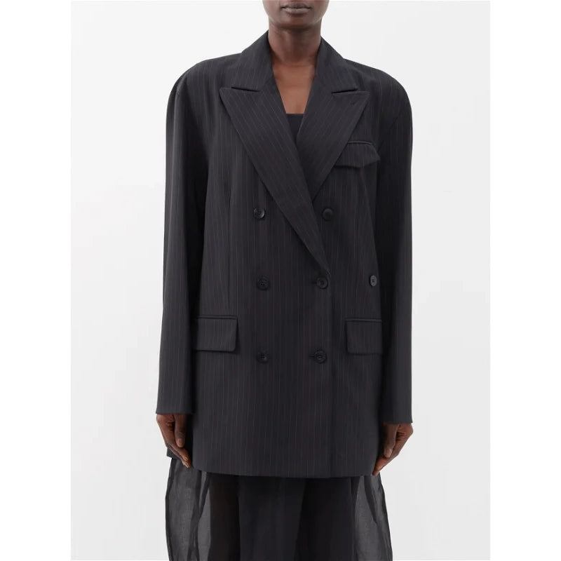 Tibi Pinstripe Double Breasted Blazer in Black, size Large