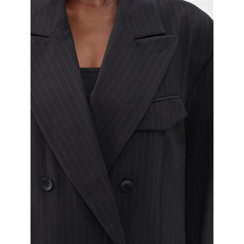 Tibi Pinstripe Double Breasted Blazer in Black, size Large