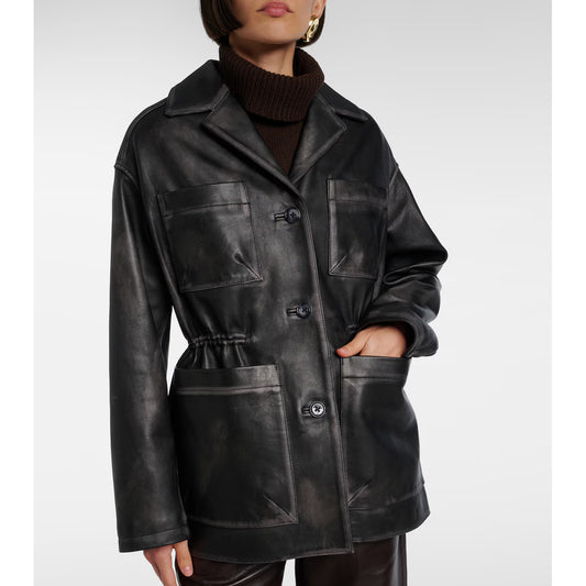 Dorothee Schumacher "Sleek Statement" Distressed Leather Jacket in Black, size "2" (Size Small)