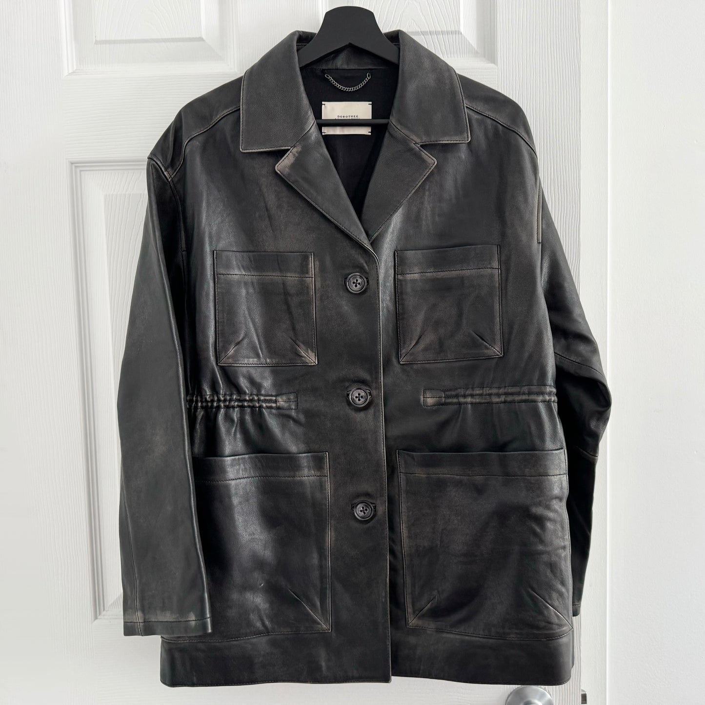 Dorothee Schumacher "Sleek Statement" Distressed Leather Jacket in Black, size "2" (Size Small)