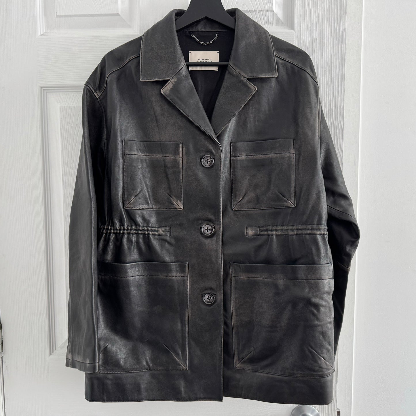 Dorothee Schumacher "Sleek Statement" Distressed Leather Jacket in Black, size "2" (Size Small)