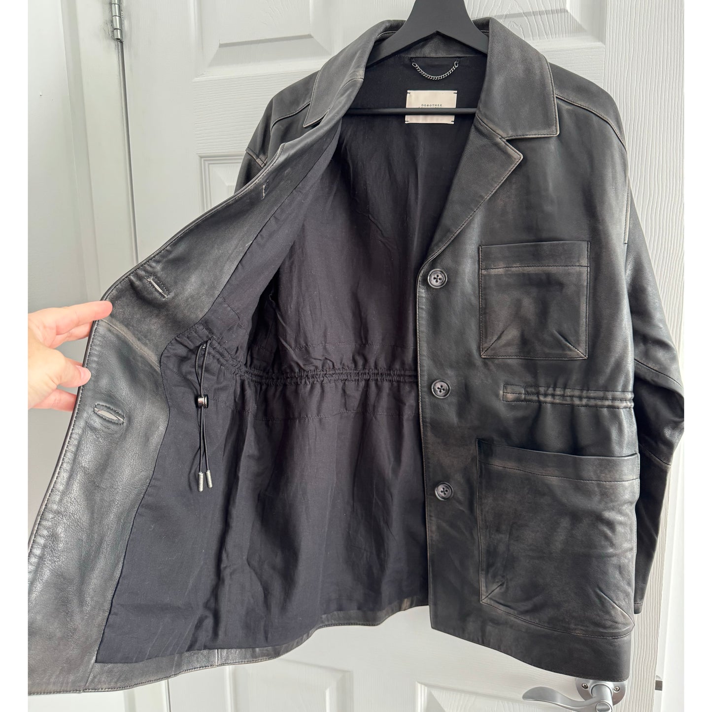 Dorothee Schumacher "Sleek Statement" Distressed Leather Jacket in Black, size "2" (Size Small)