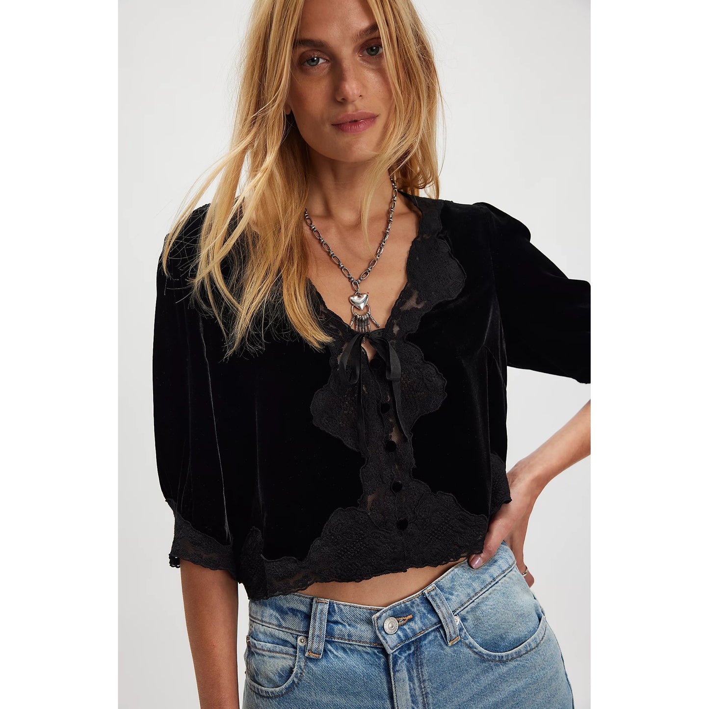 RIXO "Ursula" Velvet Top with Lace Trim in Black, size Small