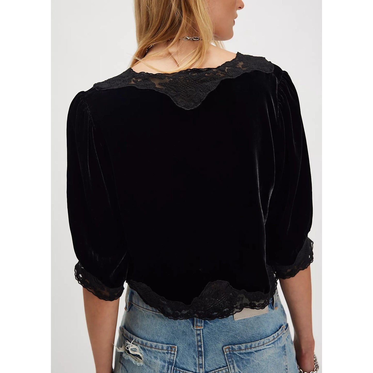 RIXO "Ursula" Velvet Top with Lace Trim in Black, size Small