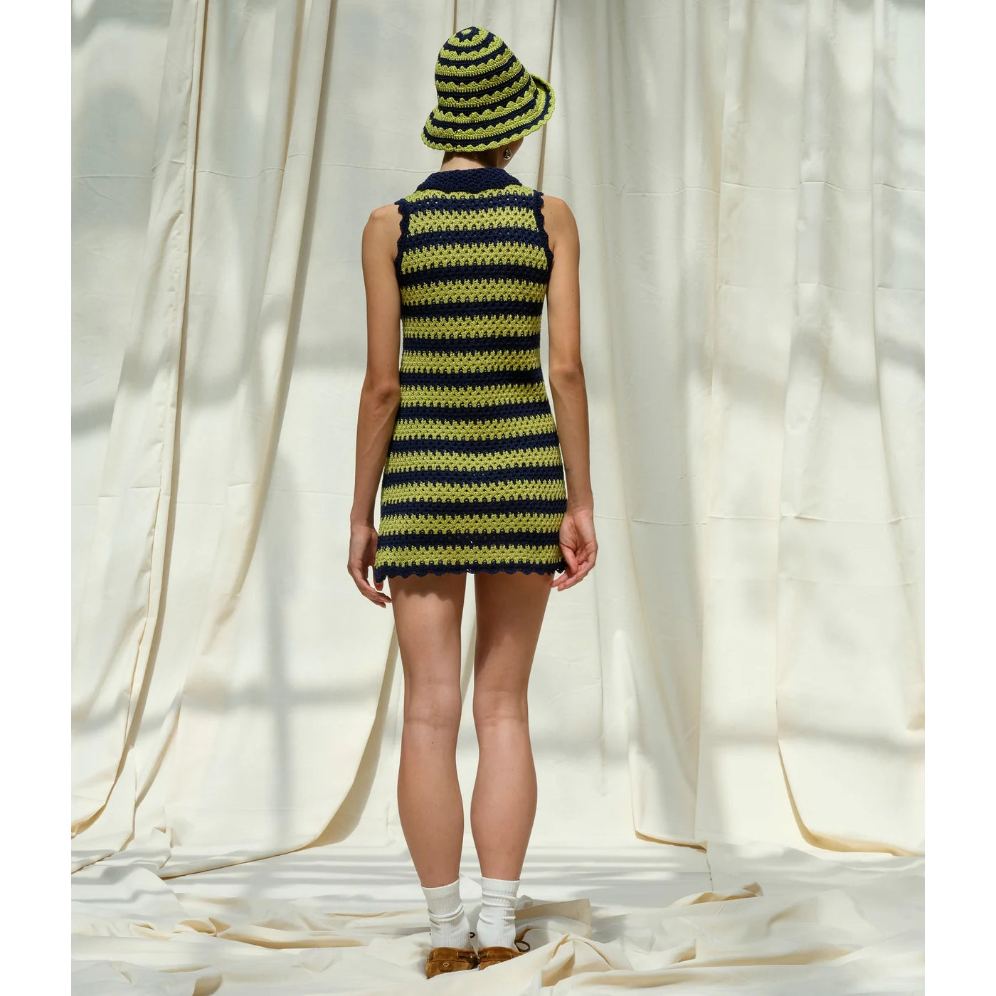 Eilish Studio Stripe Crochet Knit Mini Dress in Dark Navy/Pistachio, size M/L (fits like S/M?)