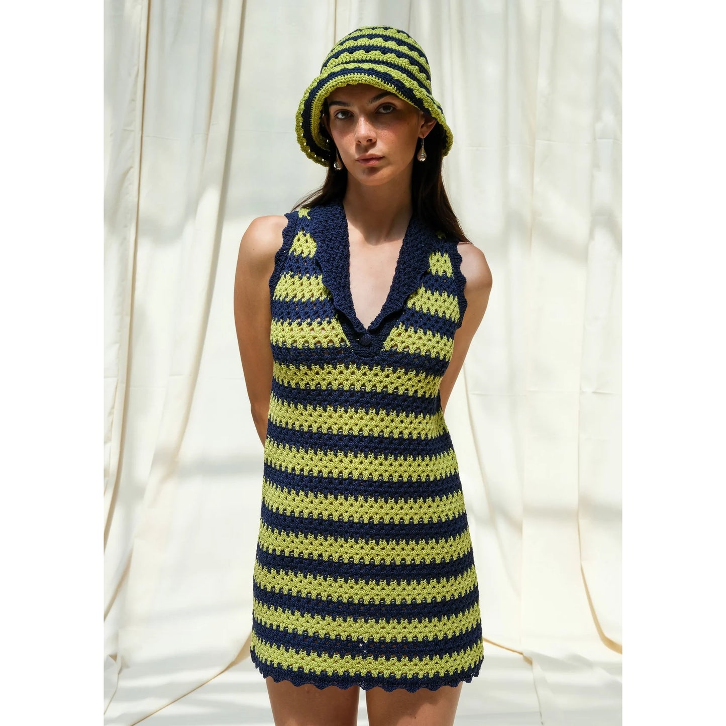 Eilish Studio Stripe Crochet Knit Mini Dress in Dark Navy/Pistachio, size M/L (fits like S/M?)