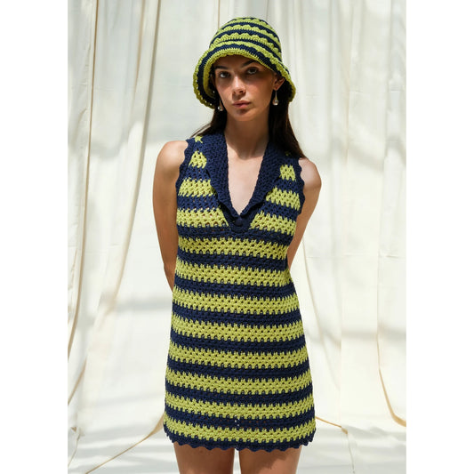 Eilish Studio Stripe Crochet Knit Mini Dress in Dark Navy/Pistachio, size M/L (fits like S/M?)