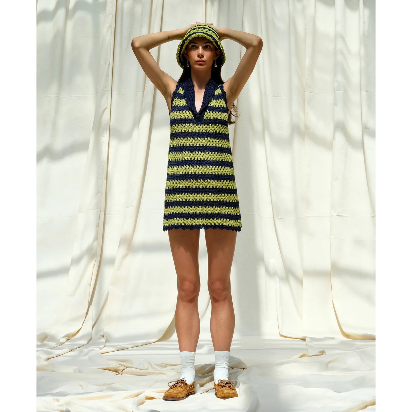 Eilish Studio Stripe Crochet Knit Mini Dress in Dark Navy/Pistachio, size M/L (fits like S/M?)