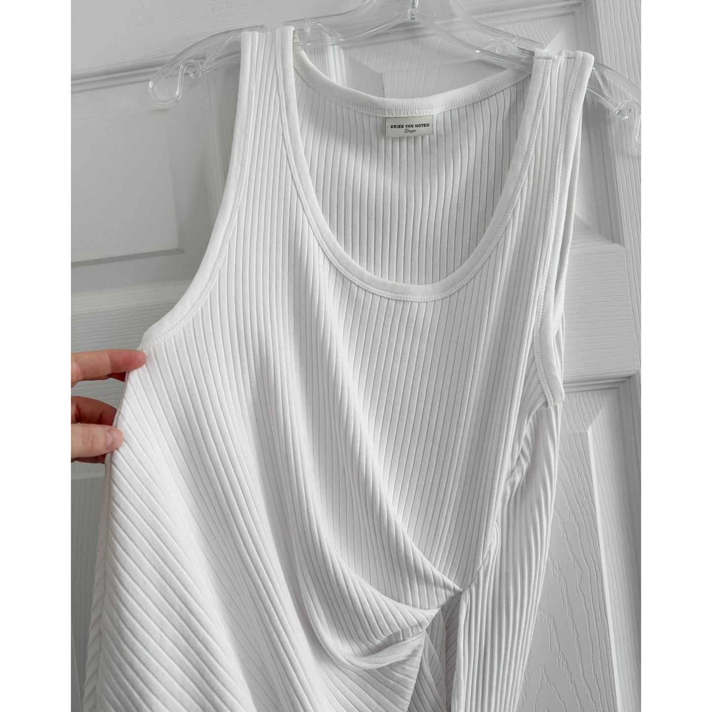 Dries Van Noten "Hoga" Asymmetrical Ribbed Tank in White, size large