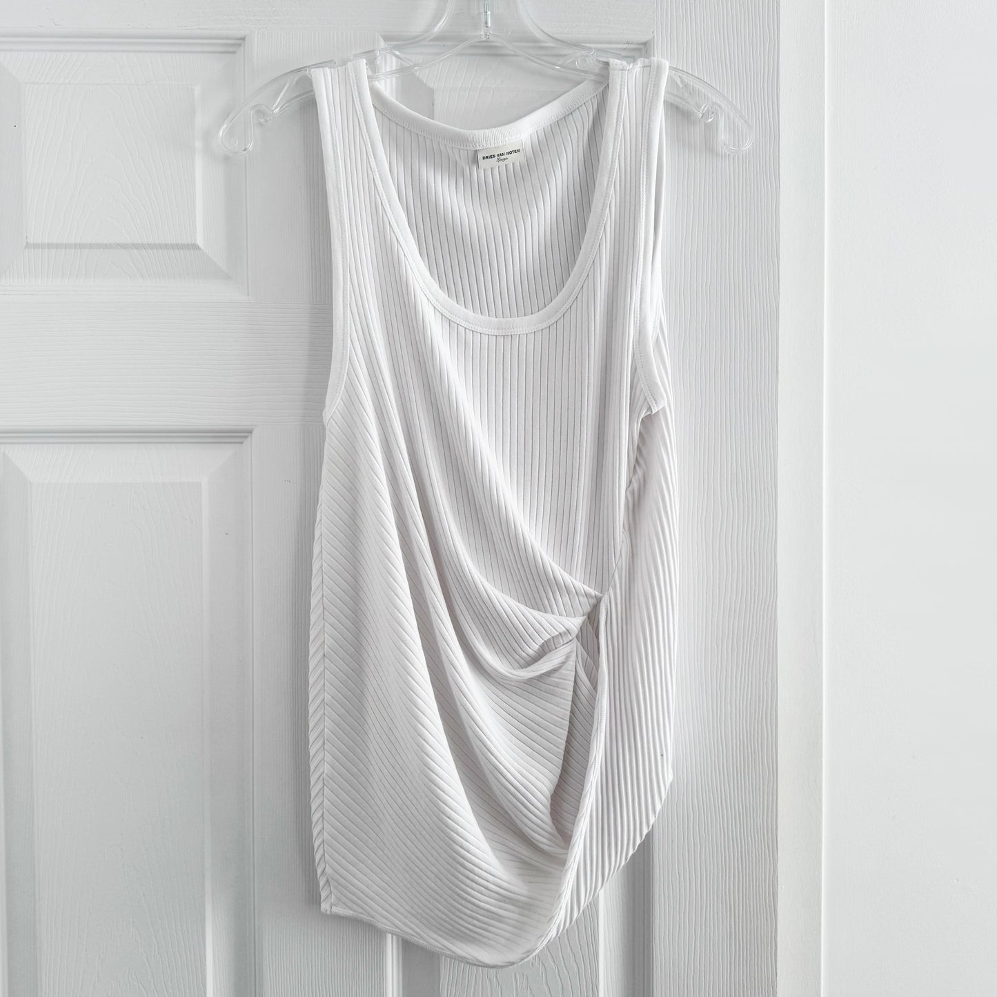 Dries Van Noten "Hoga" Asymmetrical Ribbed Tank in White, size large