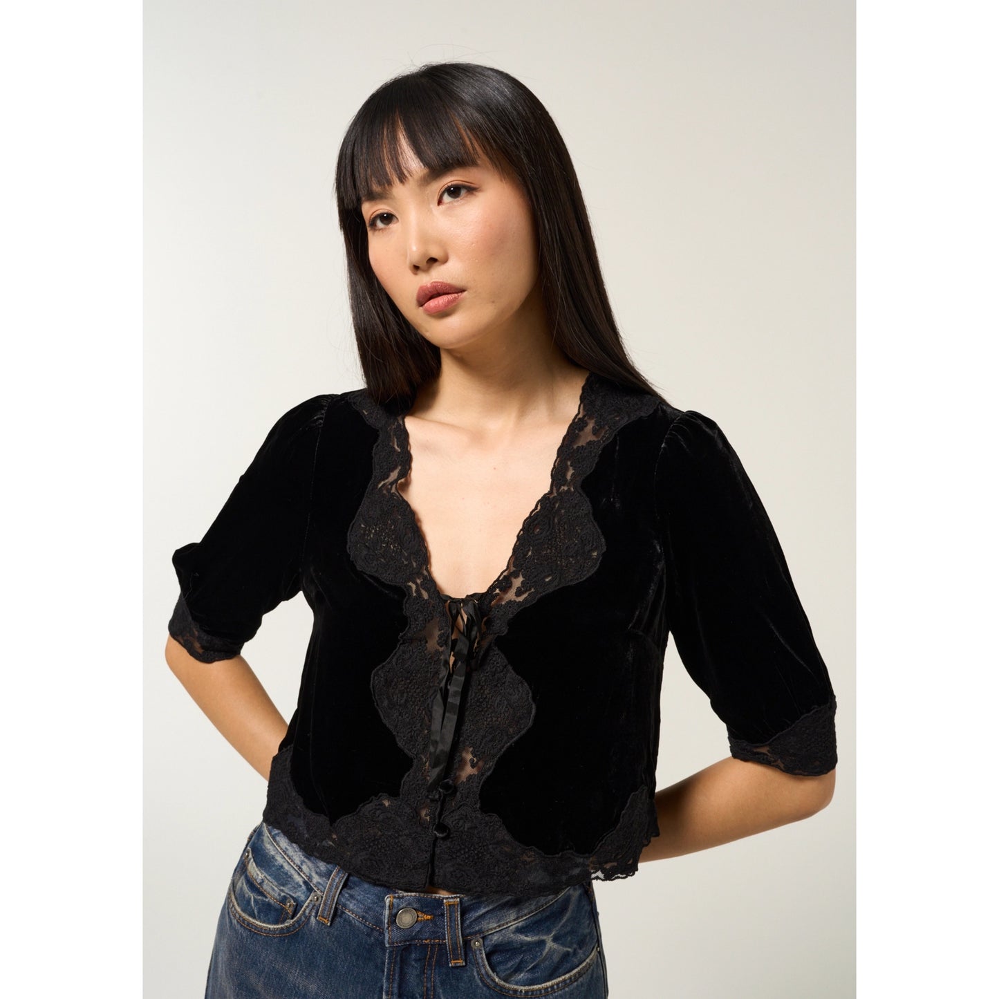 RIXO "Ursula" Velvet Top with Lace Trim in Black, size Small