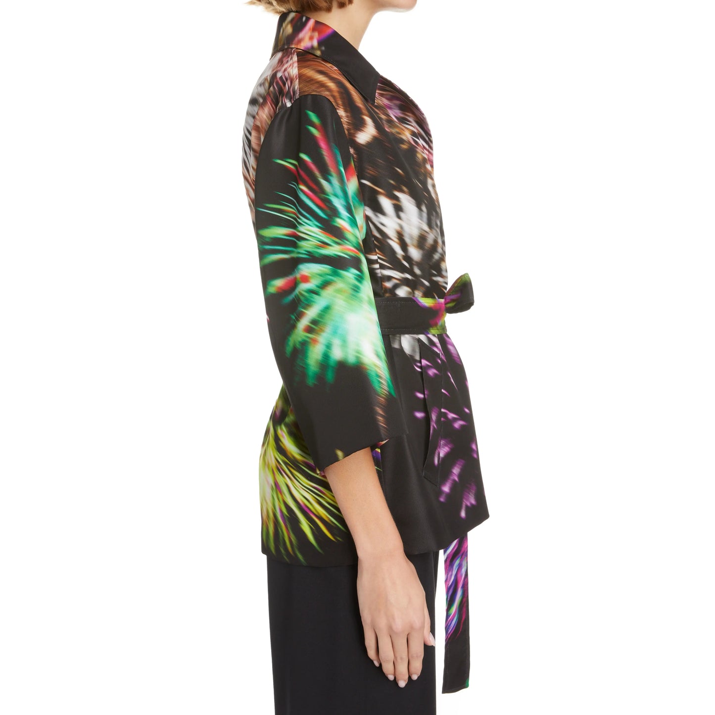 Dries Van Noten "Ramblas" Fireworks Print Belted Jacket, size 34