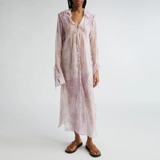 Acne Studios Chiffon Printed Maxi Dress in Pink, size 34