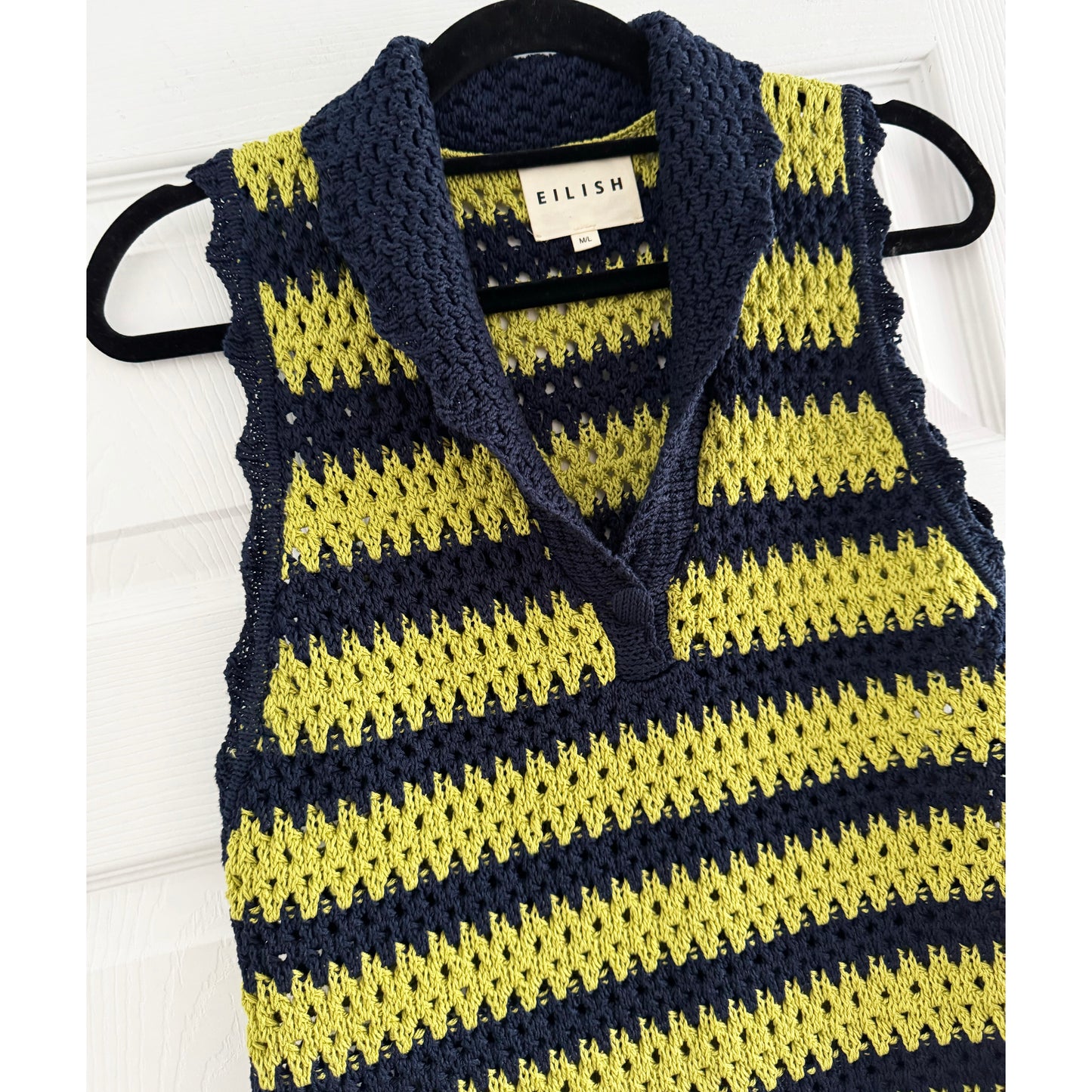 Eilish Studio Stripe Crochet Knit Mini Dress in Dark Navy/Pistachio, size M/L (fits like S/M?)