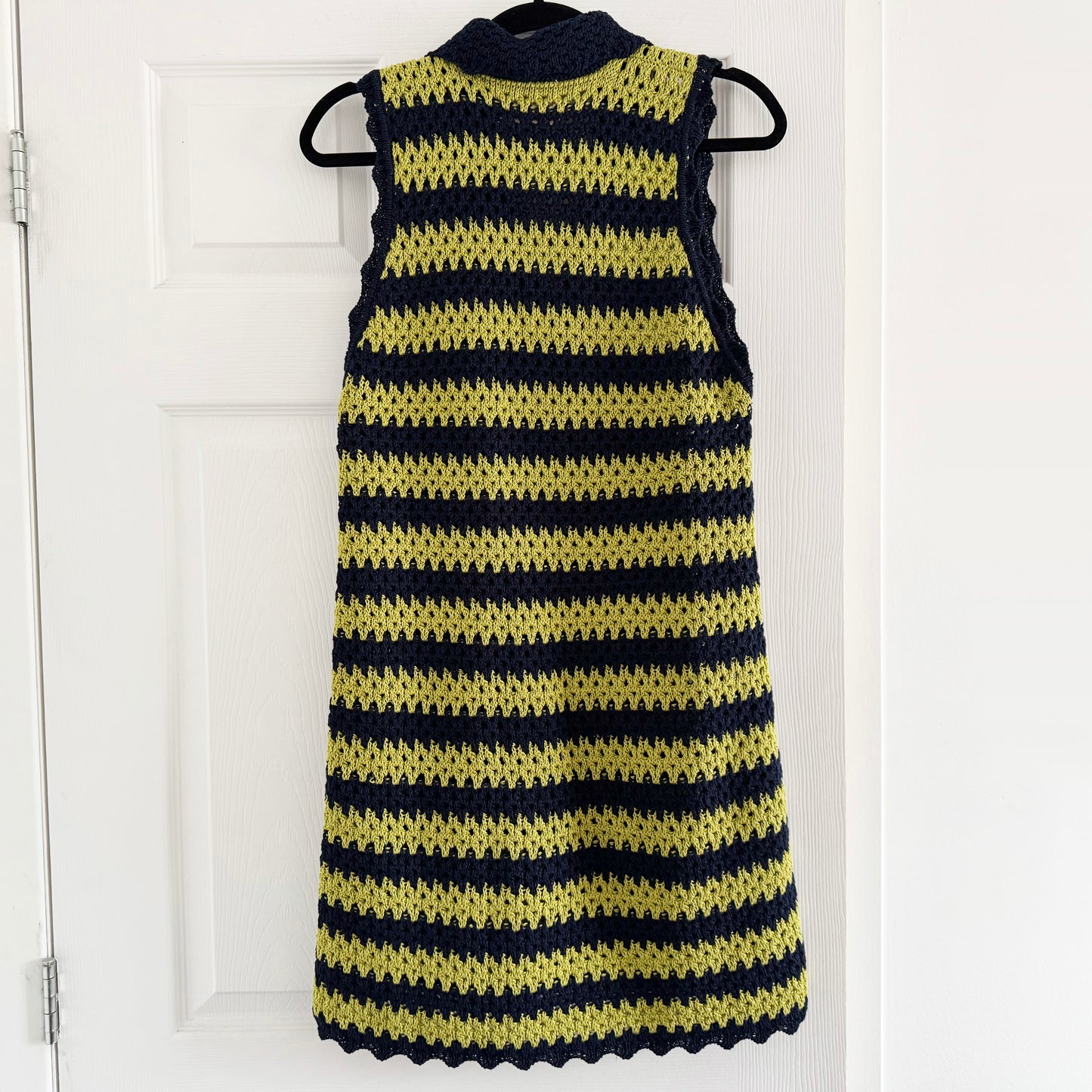 Eilish Studio Stripe Crochet Knit Mini Dress in Dark Navy/Pistachio, size M/L (fits like S/M?)