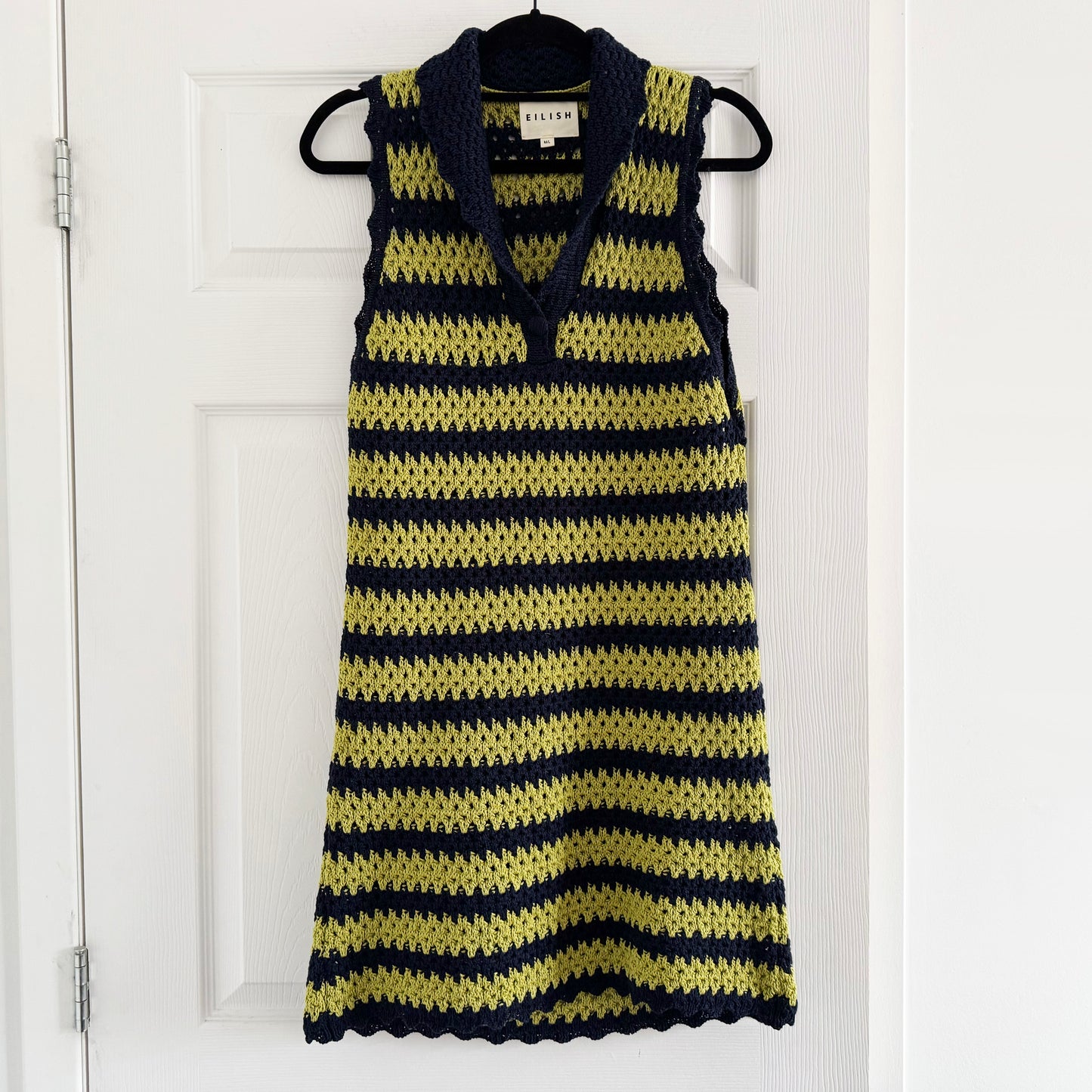 Eilish Studio Stripe Crochet Knit Mini Dress in Dark Navy/Pistachio, size M/L (fits like S/M?)