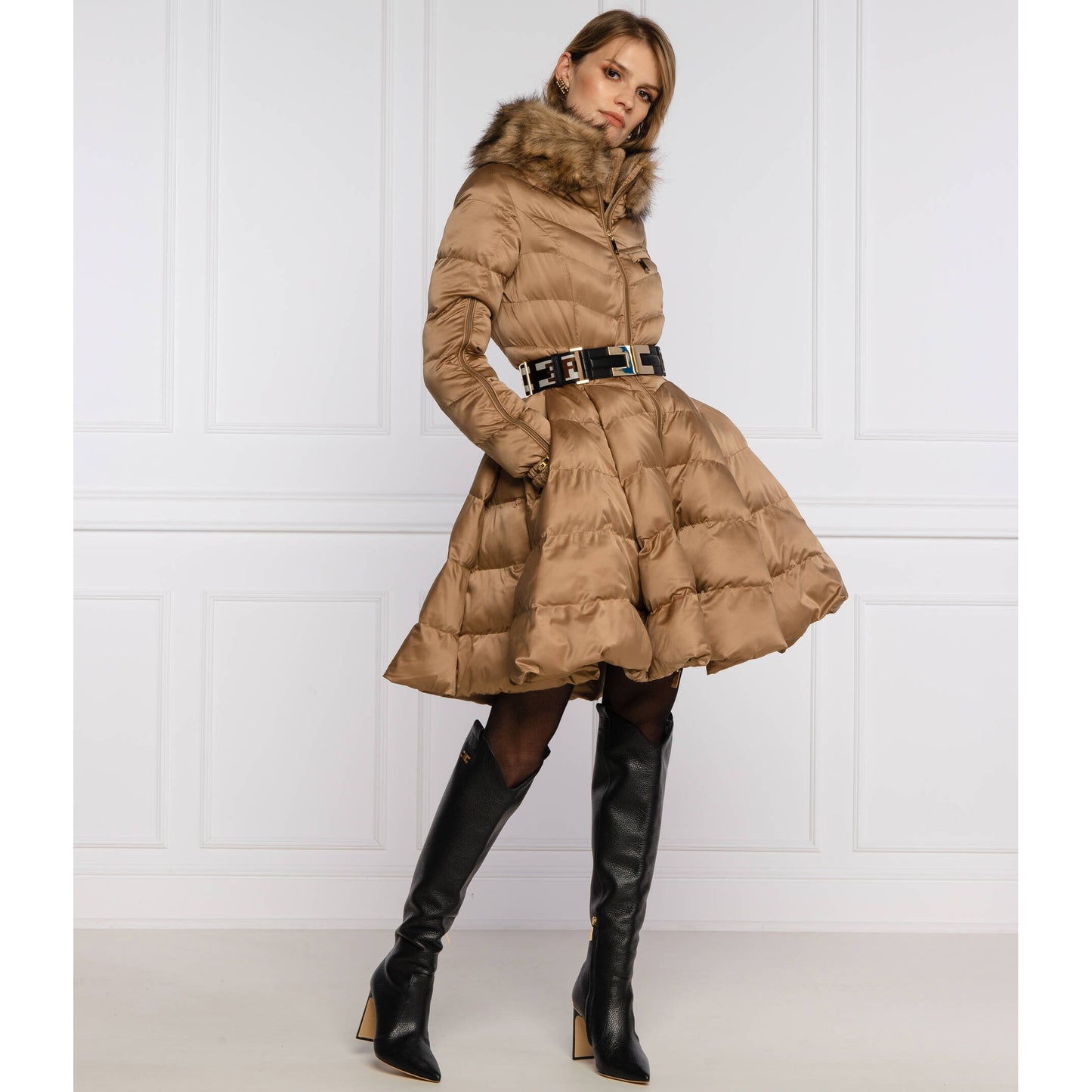 Elizabetta Franchi Flared Skirt Puffer in Beige, size 40IT (fits like size 2)