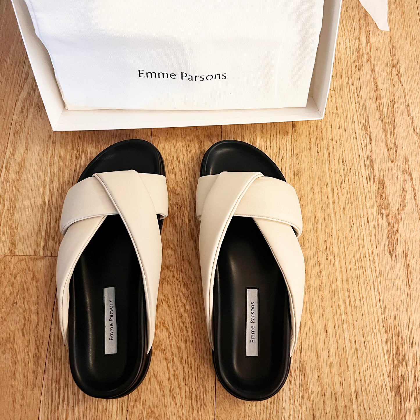 Emme Parsons "Folded Slide" Sandals in Ivory Nappa, size 37