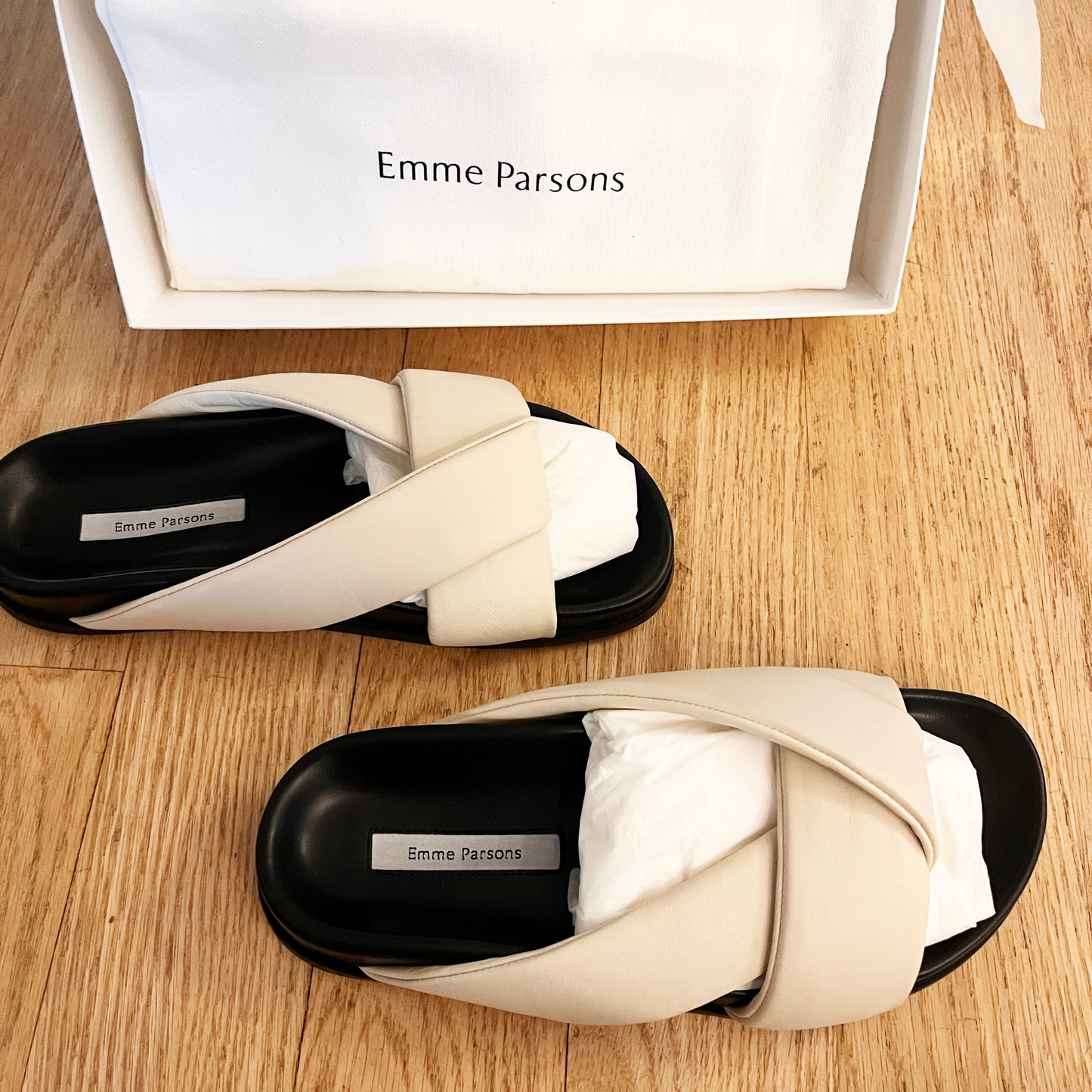 Emme Parsons "Folded Slide" Sandals in Ivory Nappa, size 37
