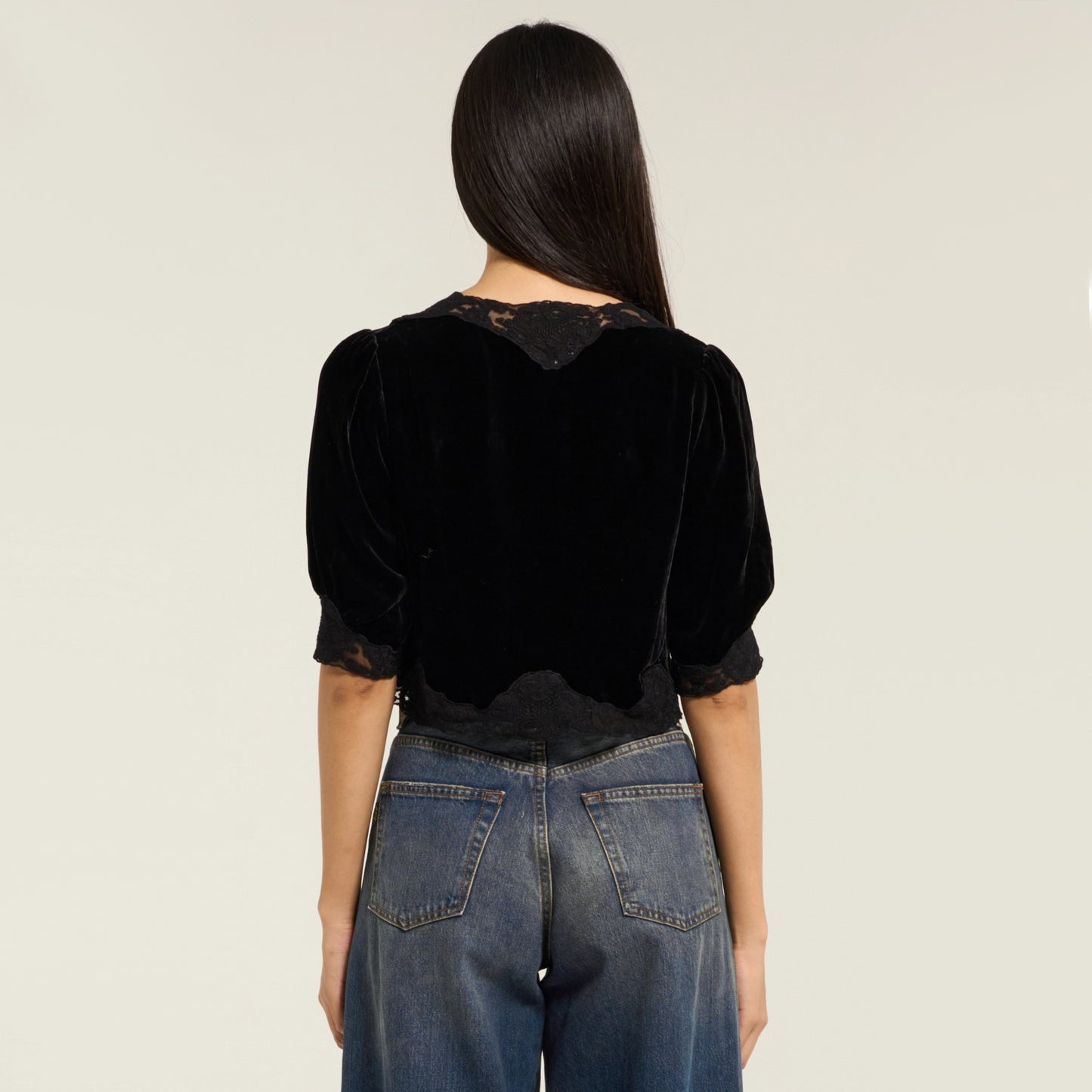 RIXO "Ursula" Velvet Top with Lace Trim in Black, size Small