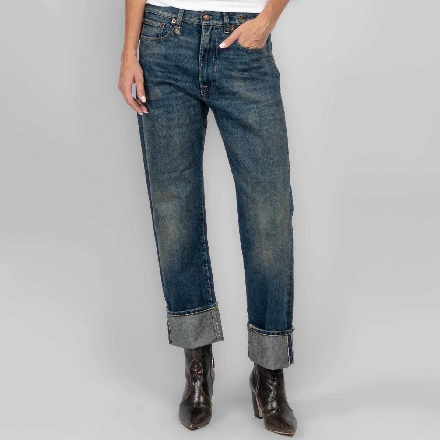 R13 *Limited Edition* Cuffed Boyfriend Jean in Adelaide Selvedge Blue, size 26