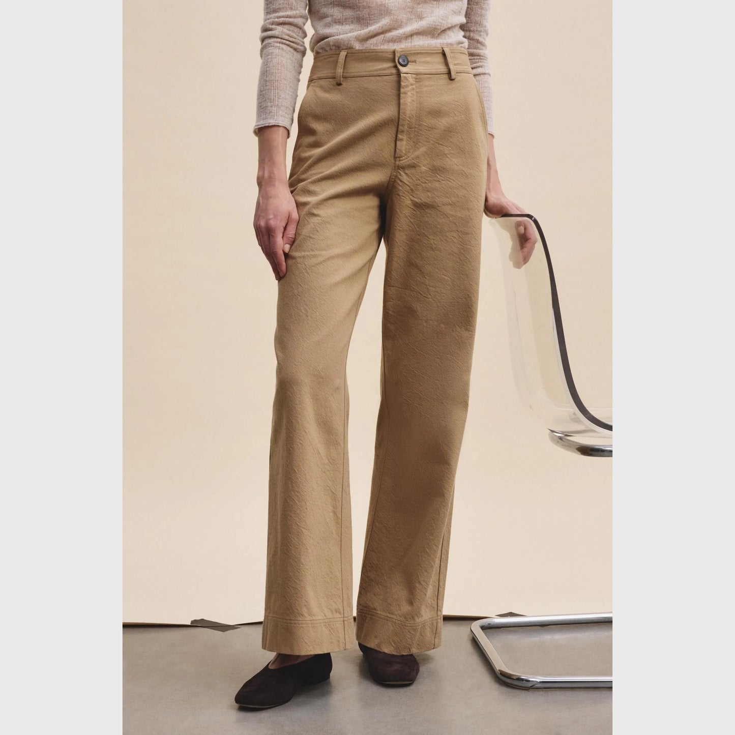 Pomandere Textured Cotton Wide Leg Pants in Khaki, size 40IT (fits like 4US)